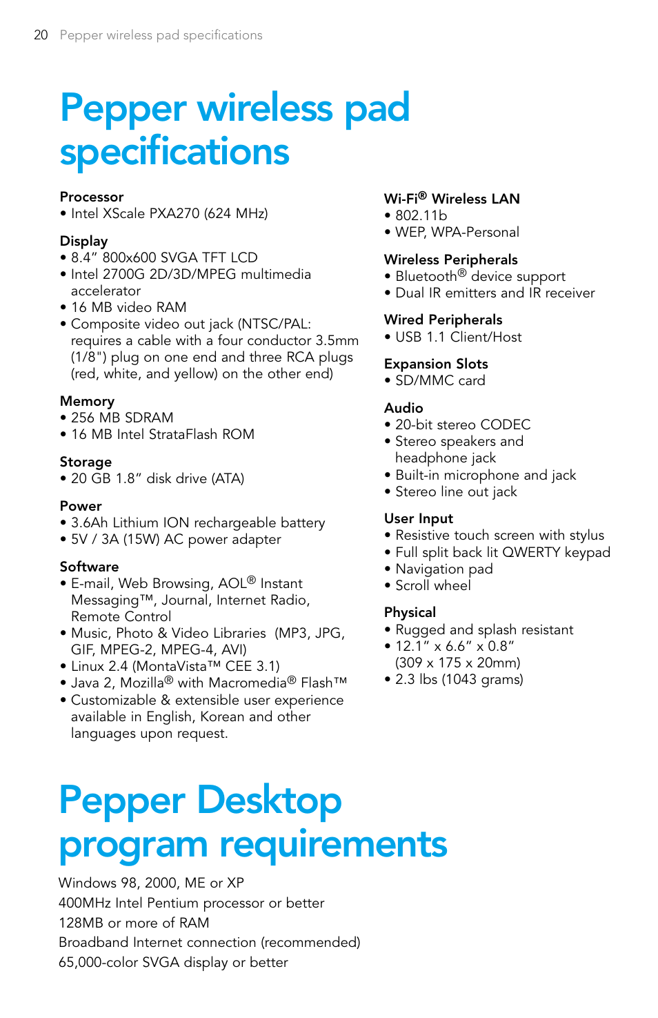 Pepper wireless pad specifications, Pepper desktop program requirements | Pepper Computer Wireless Pad User Manual | Page 22 / 28