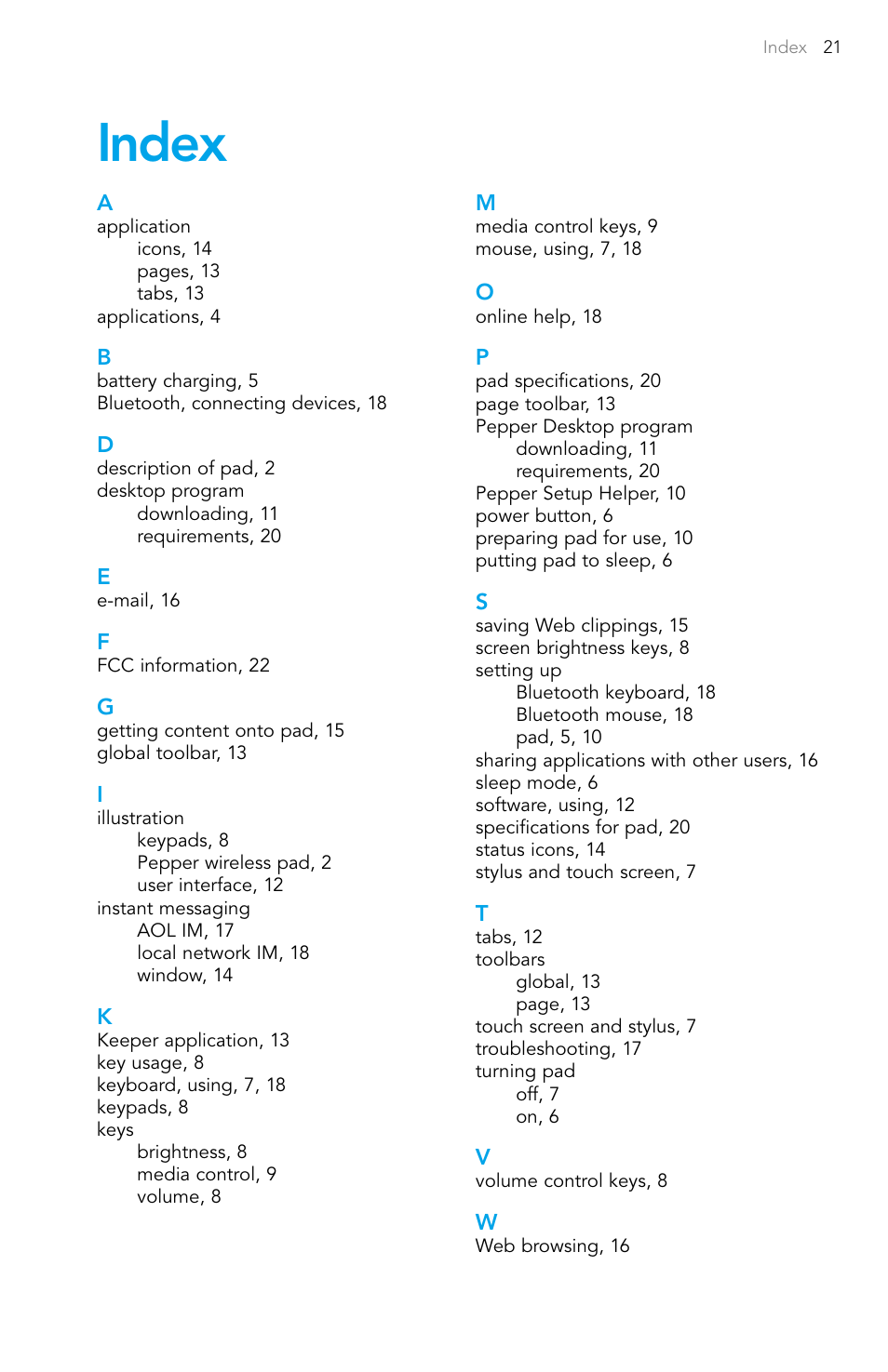 Index | Pepper Computer Wireless Pad User Manual | Page 23 / 28