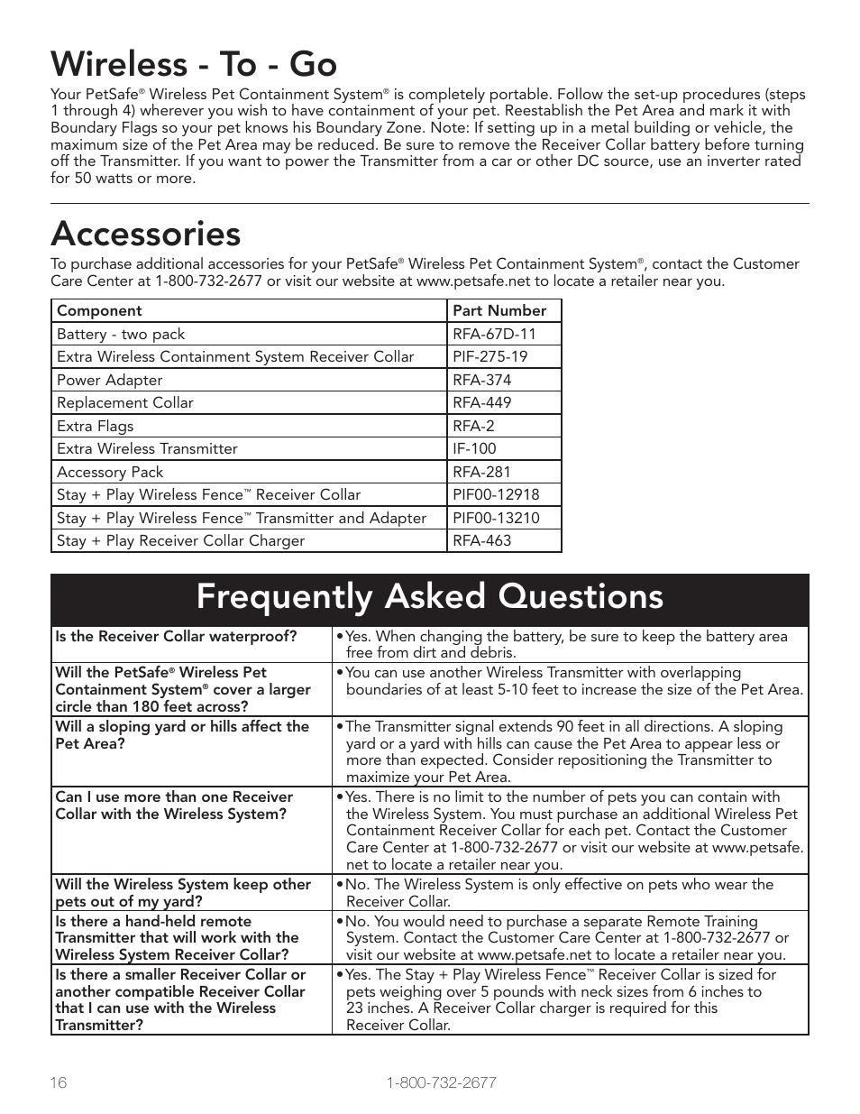Wireless - to - go, Accessories, Frequently asked questions | Petsafe Wireless Pet Containment System PIF-300 User Manual | Page 16 / 24