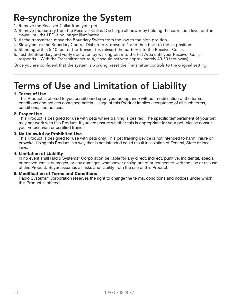 Re-synchronize the system, Terms of use and limitation of liability | Petsafe Wireless Pet Containment System PIF-300 User Manual | Page 20 / 24