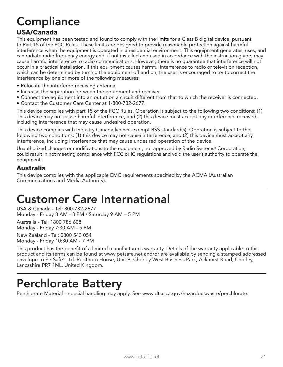 Compliance, Customer care international, Perchlorate battery | Petsafe Wireless Pet Containment System PIF-300 User Manual | Page 21 / 24
