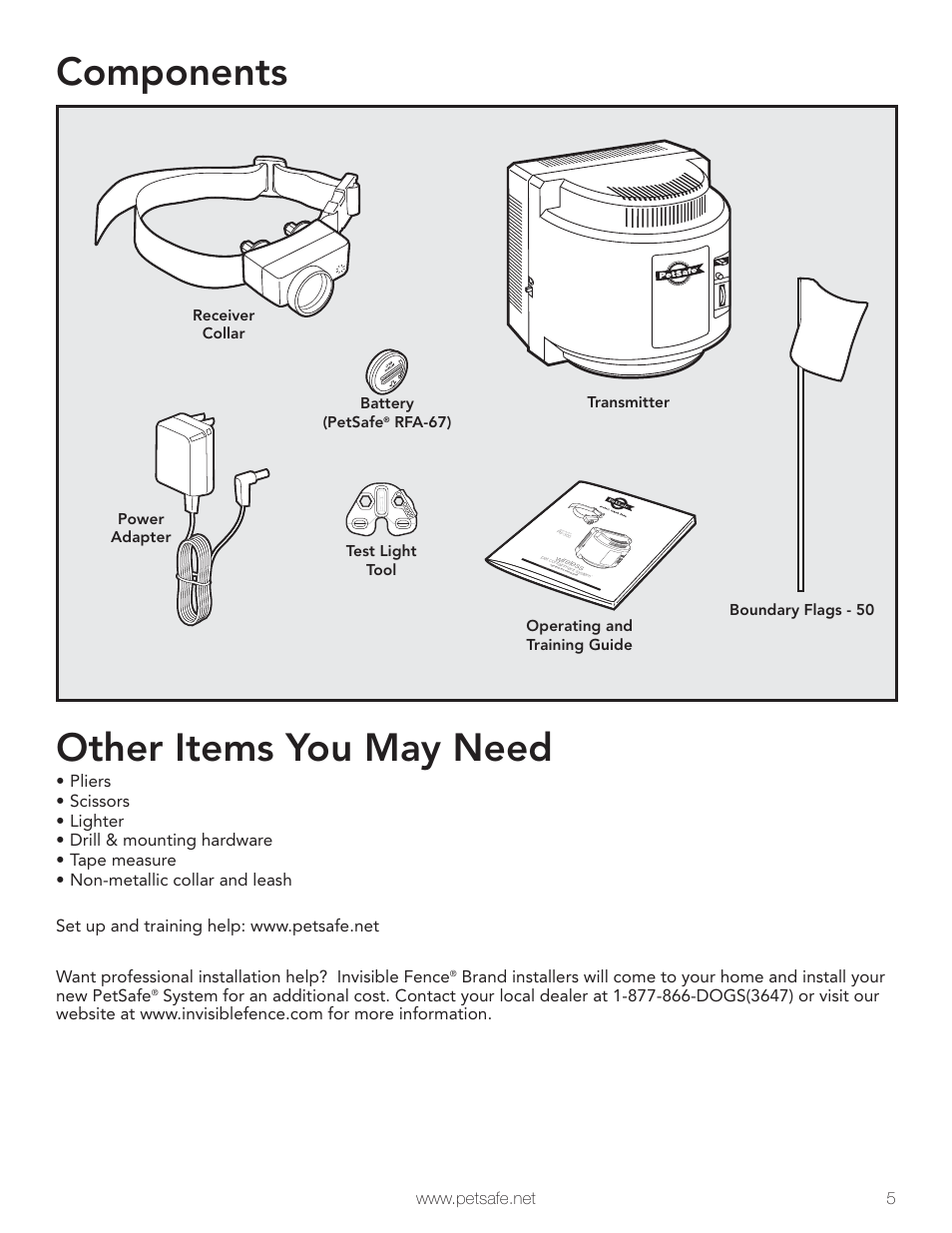 Components, Other items you may need, Receiver collar test light tool battery (petsafe | Rfa-67) | Petsafe Wireless Pet Containment System PIF-300 User Manual | Page 5 / 24