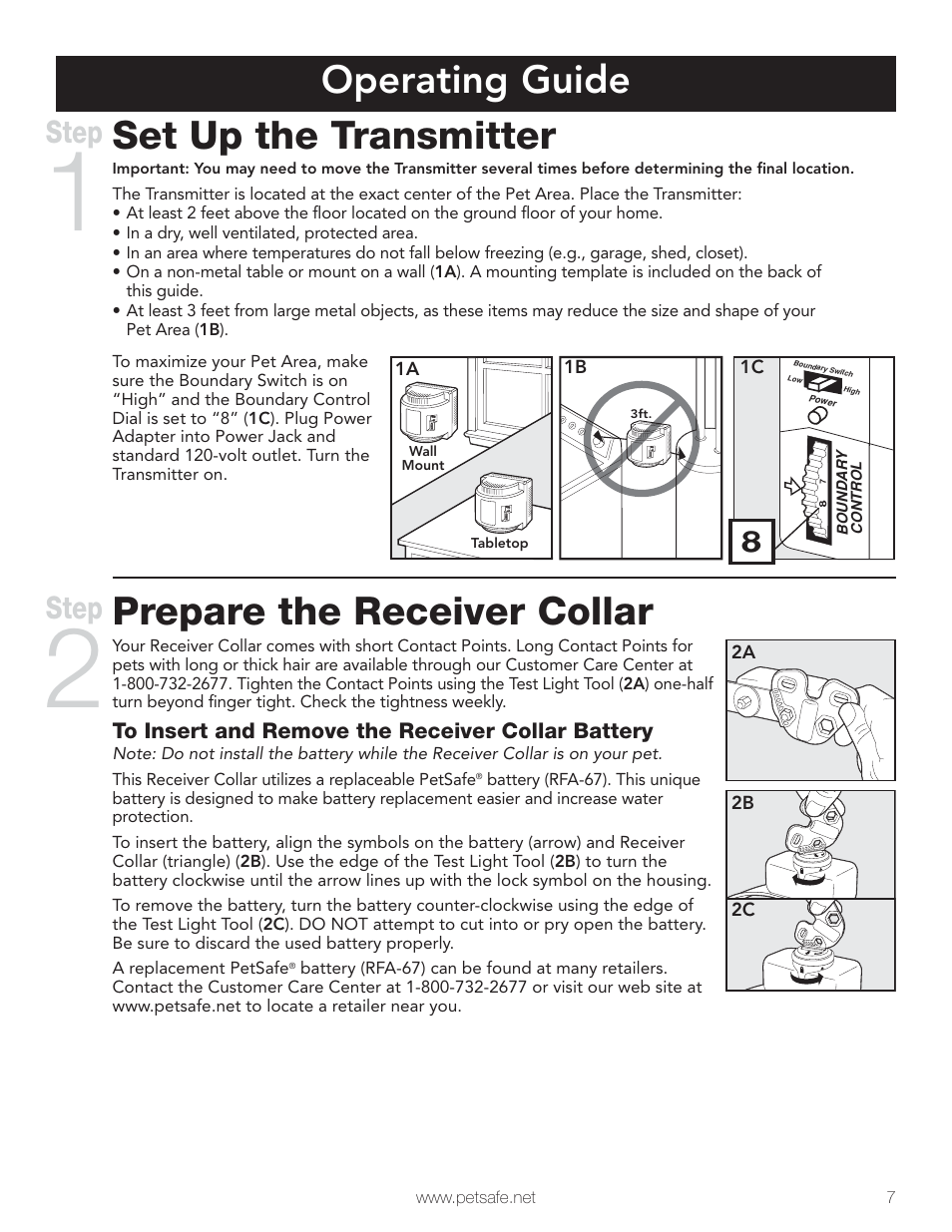 Operating guide set up the transmitter, Prepare the receiver collar, Step | Petsafe Wireless Pet Containment System PIF-300 User Manual | Page 7 / 24