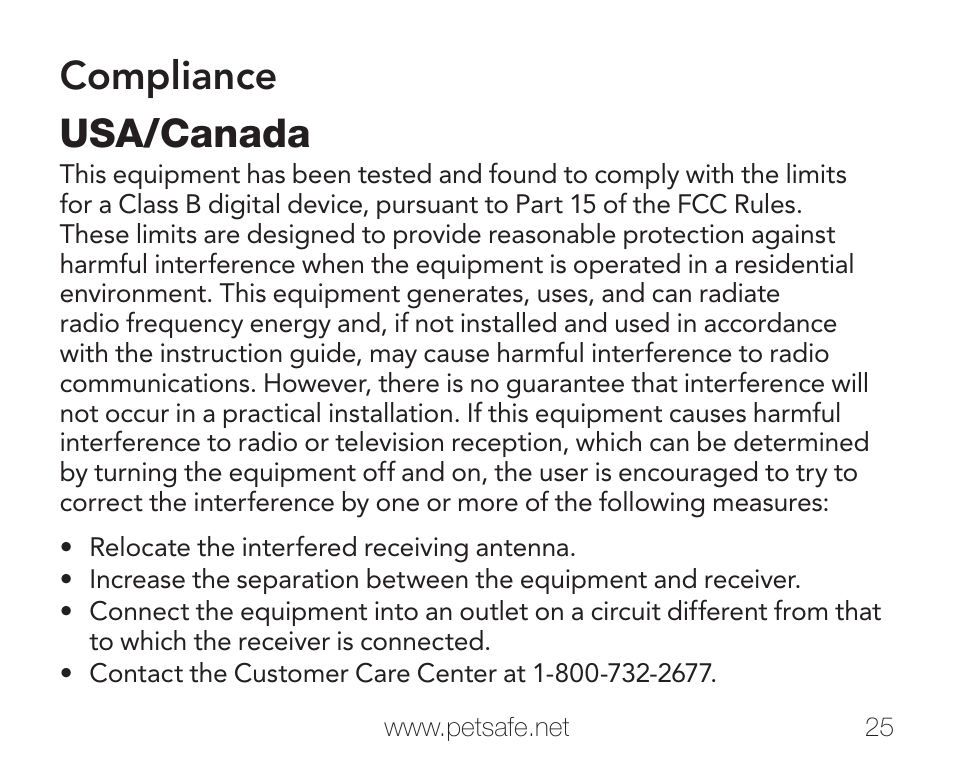 Compliance usa/canada | Petsafe PIF-275-19 User Manual | Page 25 / 28