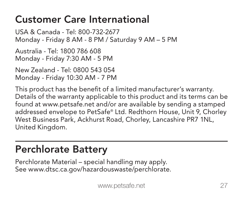 Customer care international, Perchlorate battery | Petsafe PIF-275-19 User Manual | Page 27 / 28