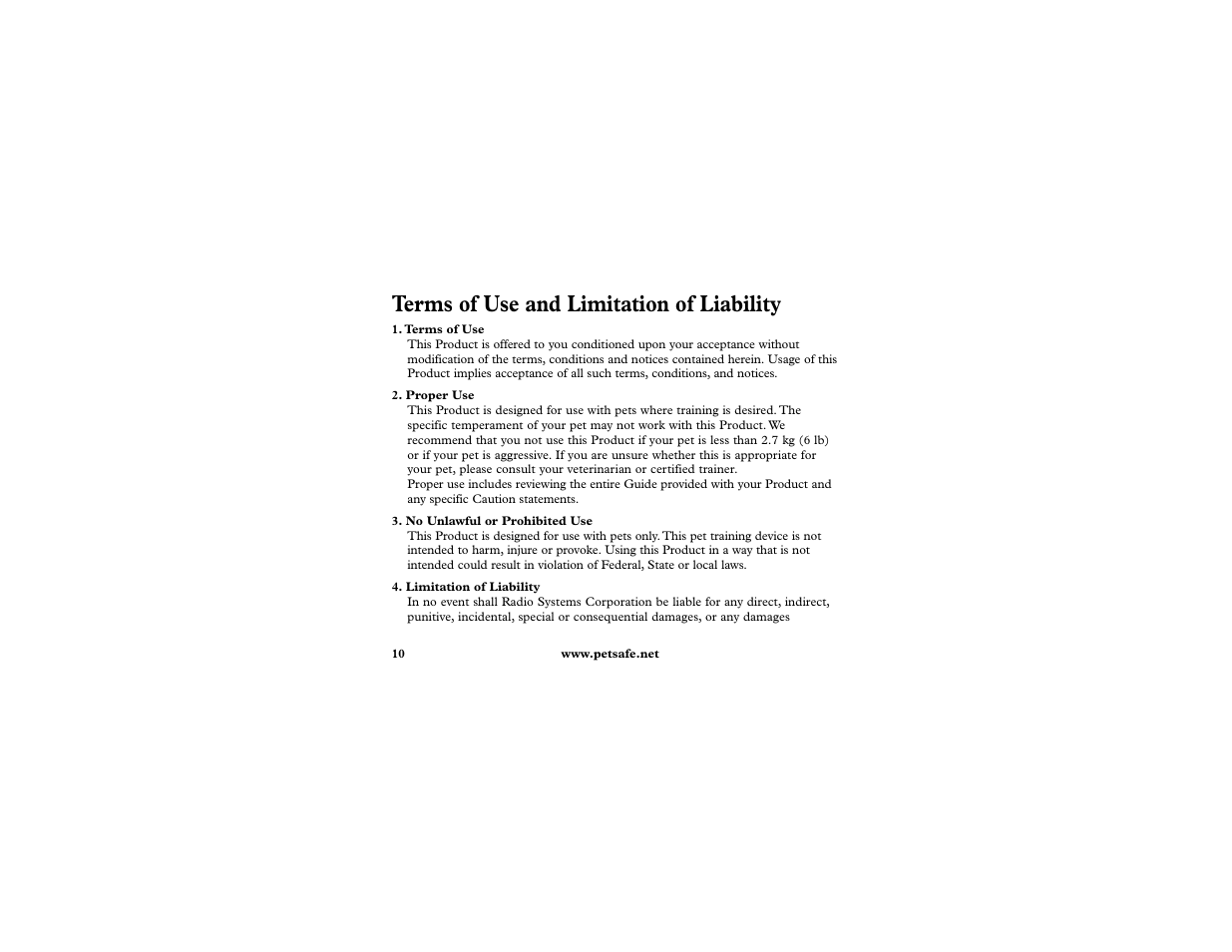 Terms of use and limitation of liability | Petsafe In-Ground Cat Fence Extra Receiver User Manual | Page 10 / 68