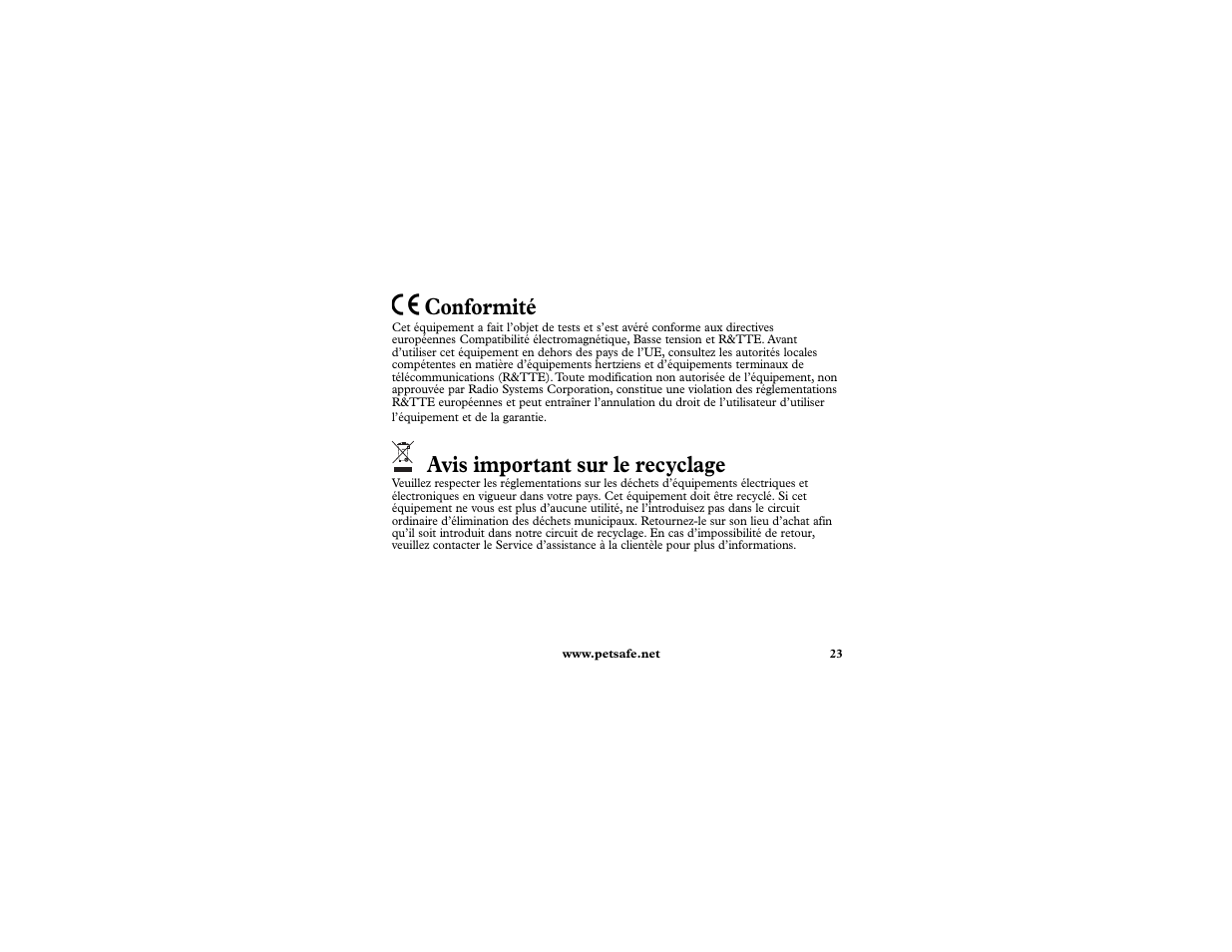Conformité, Avis important sur le recyclage | Petsafe In-Ground Cat Fence Extra Receiver User Manual | Page 23 / 68