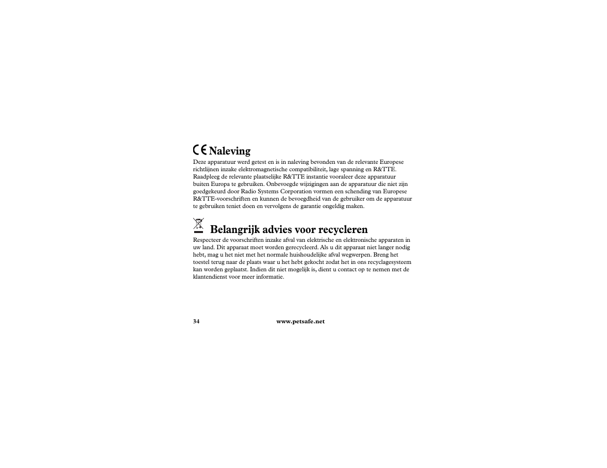 Naleving, Belangrijk advies voor recycleren | Petsafe In-Ground Cat Fence Extra Receiver User Manual | Page 34 / 68