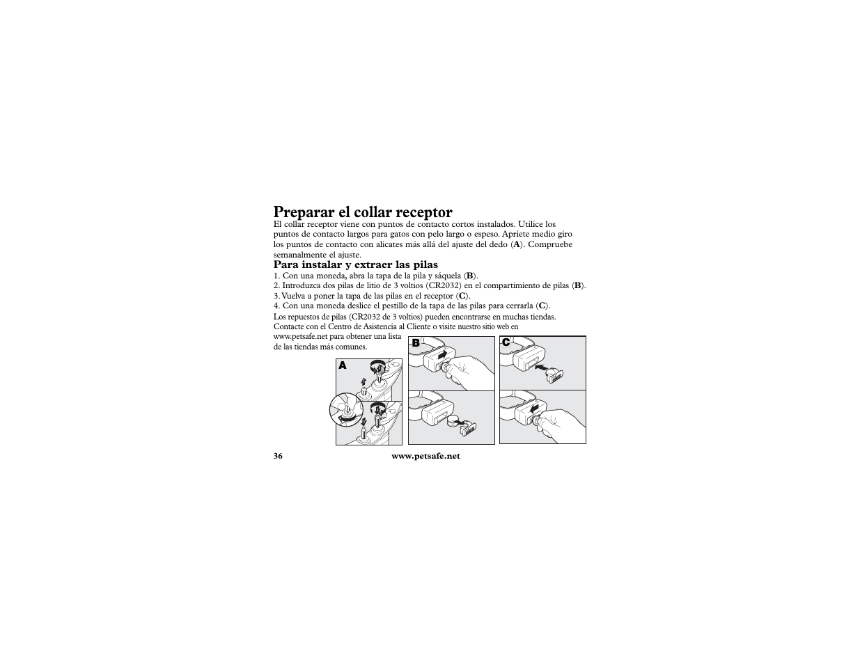Preparar el collar receptor, Para instalar y extraer las pilas, Ac b | Petsafe In-Ground Cat Fence Extra Receiver User Manual | Page 36 / 68