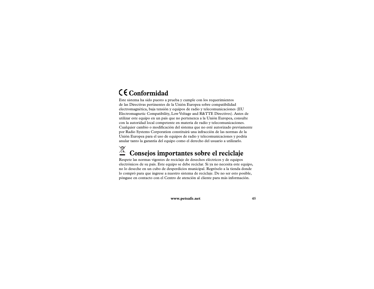 Conformidad, Consejos importantes sobre el reciclaje | Petsafe In-Ground Cat Fence Extra Receiver User Manual | Page 45 / 68