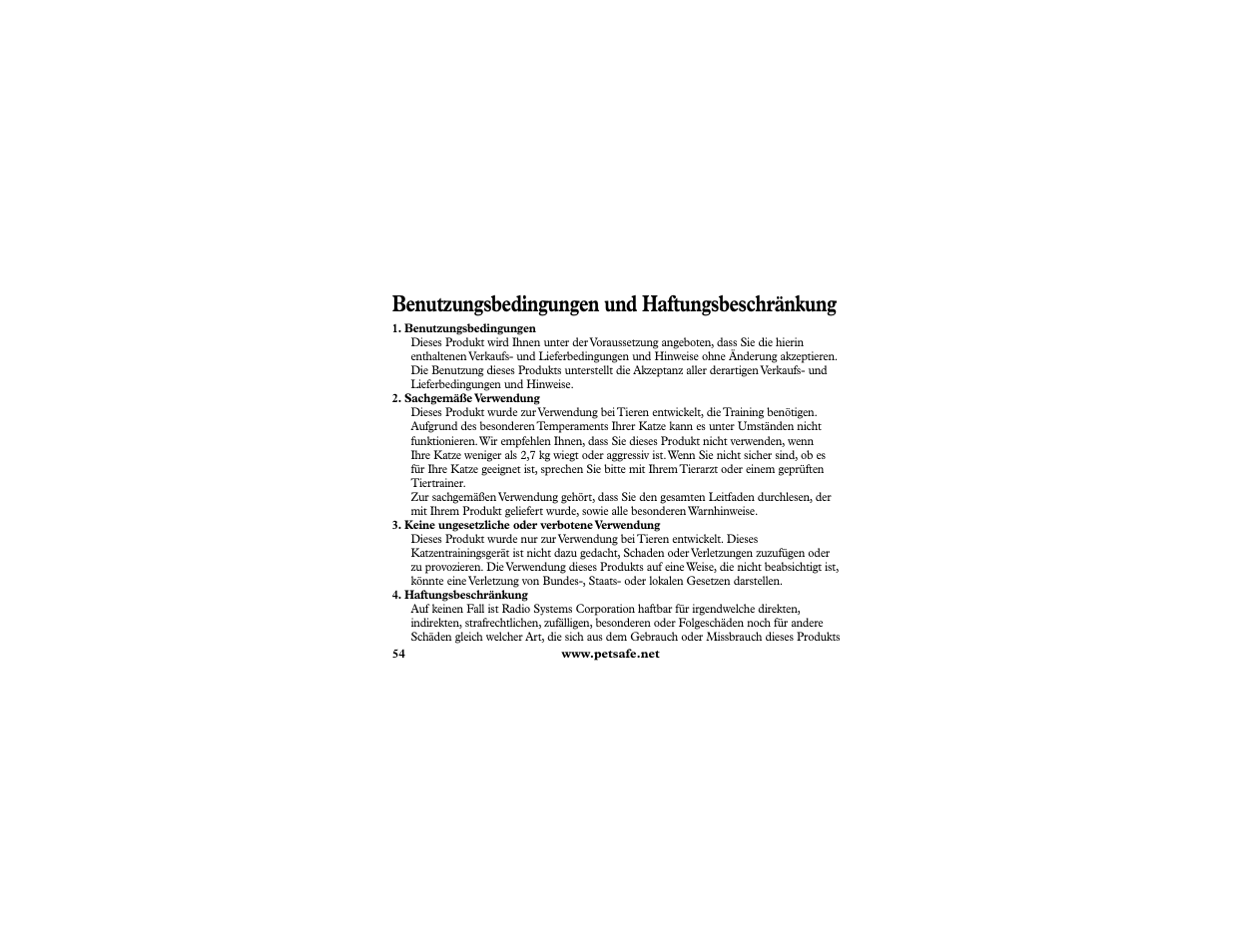 Benutzungsbedingungen und haftungsbeschränkung | Petsafe In-Ground Cat Fence Extra Receiver User Manual | Page 54 / 68