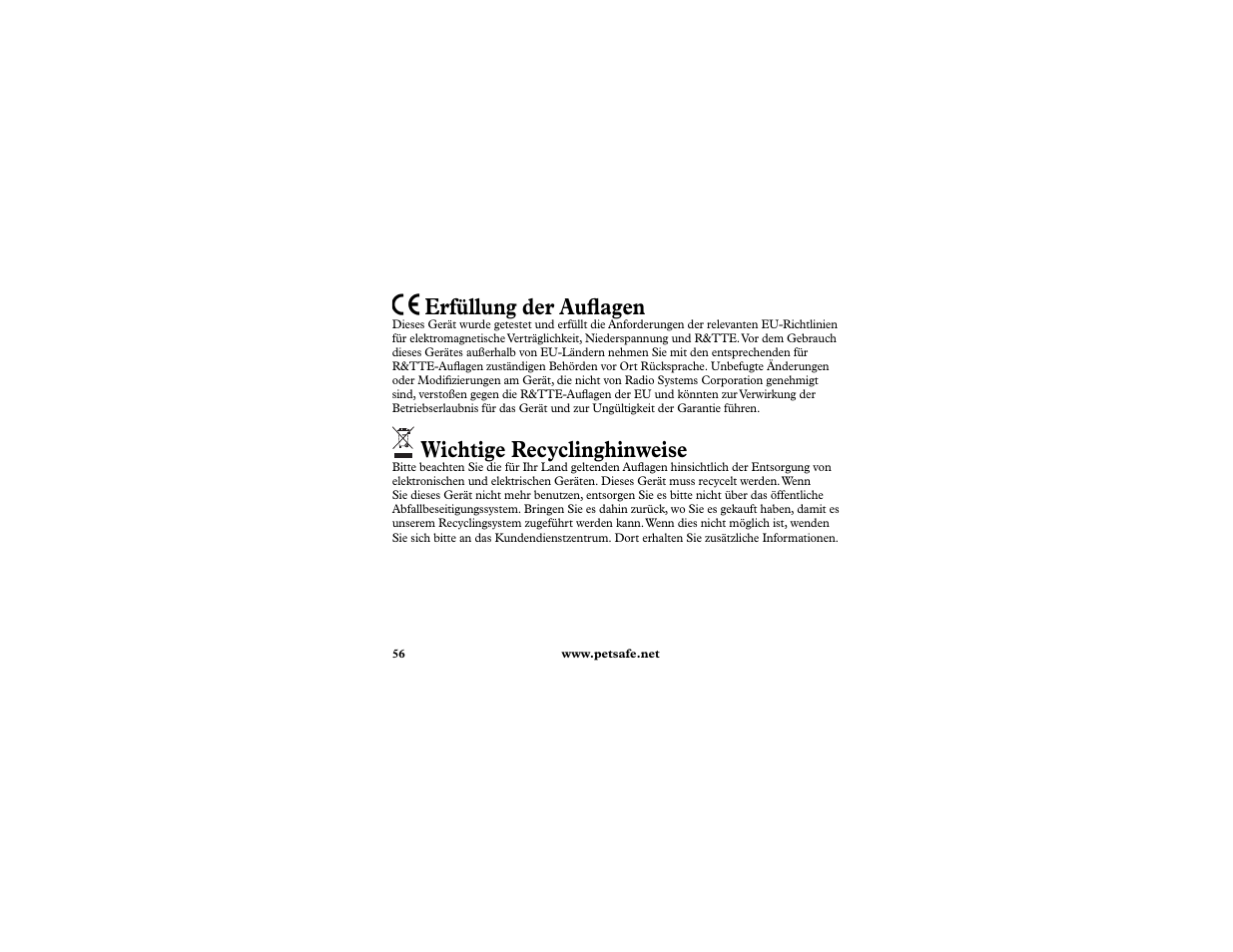 Erfüllung der aufl agen, Wichtige recyclinghinweise | Petsafe In-Ground Cat Fence Extra Receiver User Manual | Page 56 / 68