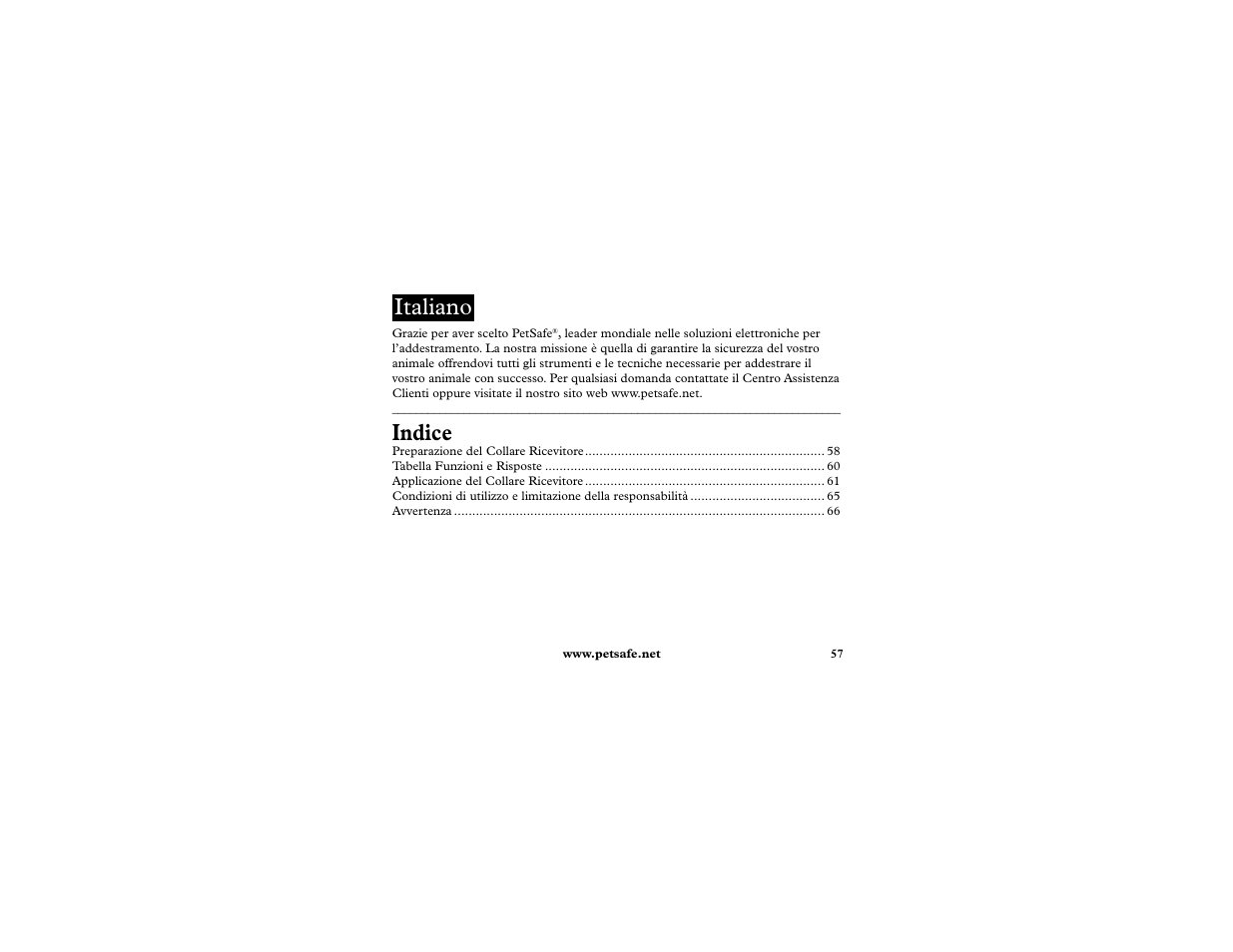 Indice, Italiano | Petsafe In-Ground Cat Fence Extra Receiver User Manual | Page 57 / 68