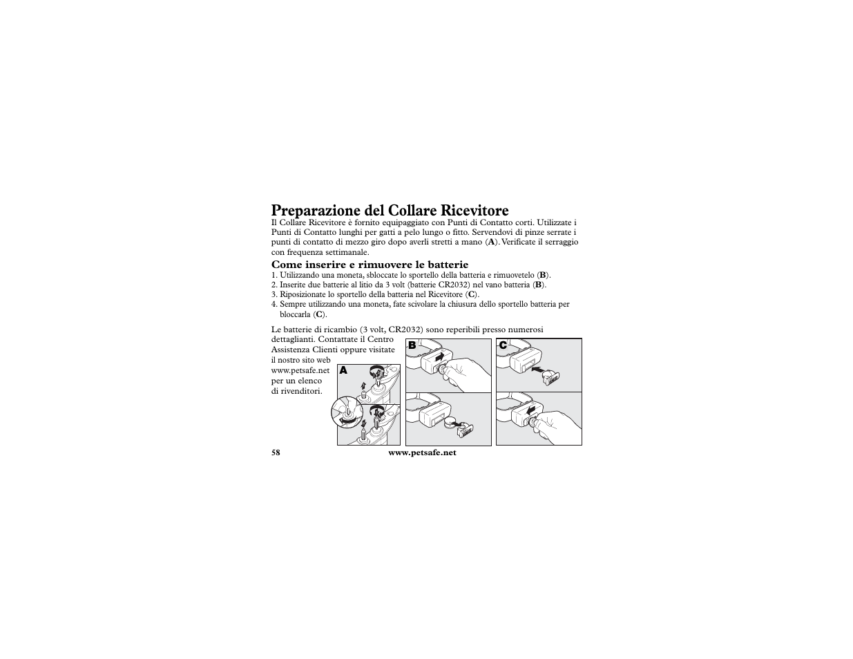 Preparazione del collare ricevitore, A-67, Come inserire e rimuovere le batterie | Ac b | Petsafe In-Ground Cat Fence Extra Receiver User Manual | Page 58 / 68