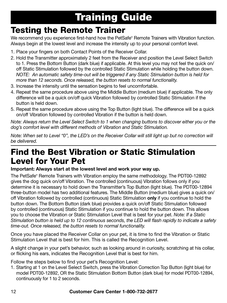 Training guide, Testing the remote trainer | Petsafe PDT00-12892 User Manual | Page 12 / 24