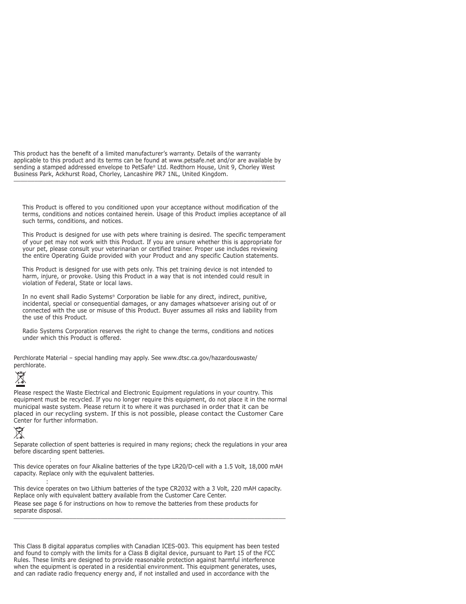 Terms of use and limitation of liability, Perchlorate battery, Important recycling advice | Battery disposal, Compliance | Petsafe PPA11-10709 User Manual | Page 13 / 44