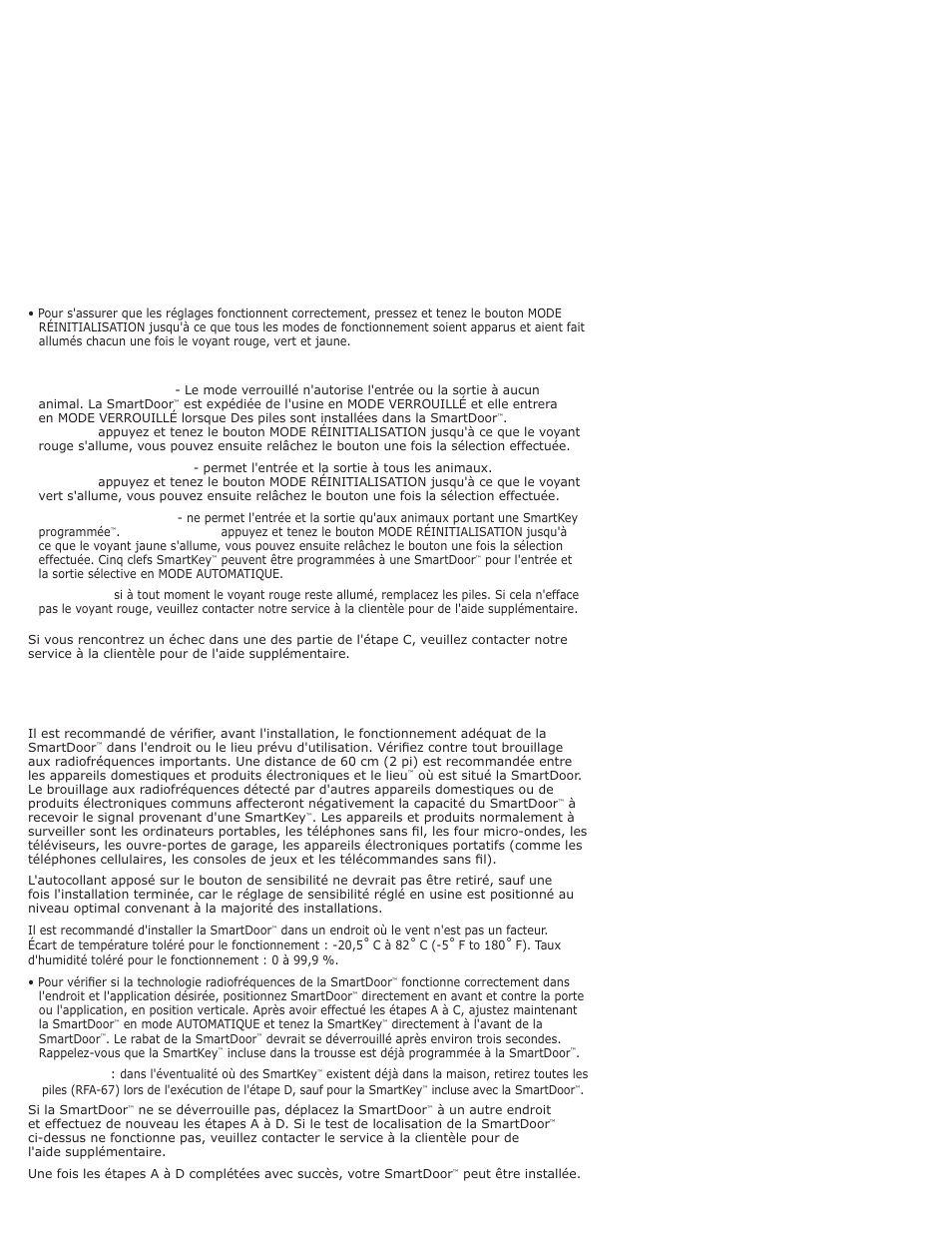 D. vérifi cation l'endroit de la smartdoor, Avant l'installation, Modes de fonctionnement | Remarque | Petsafe PPA11-10709 User Manual | Page 20 / 44