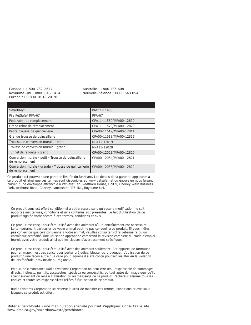 Pile perchlorate, Service à la clientèle international | Petsafe PPA11-10709 User Manual | Page 27 / 44