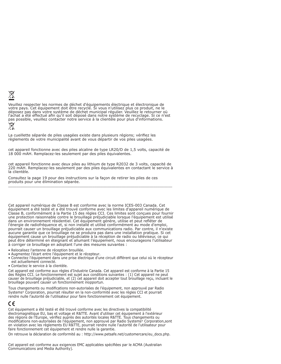 Avis de recyclage importante, Mise au rebut de pile, Conformité | Cc/canada | Petsafe PPA11-10709 User Manual | Page 28 / 44