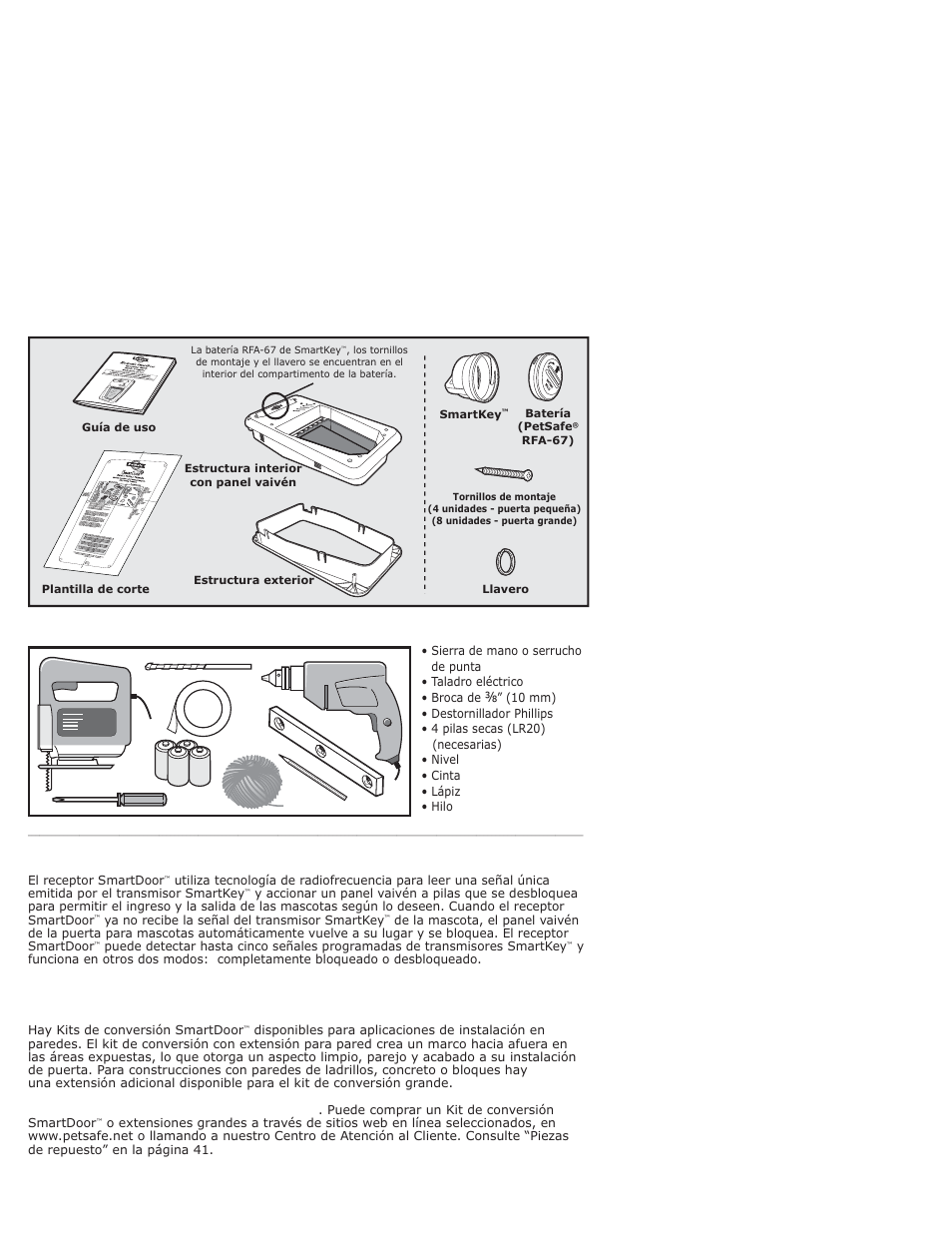 Componentes, Herramientas necesarias, Cómo funciona el receptor smartdoor | Instale el receptor smartdoor, En una pared con el kit de conversión smartdoor | Petsafe PPA11-10709 User Manual | Page 31 / 44
