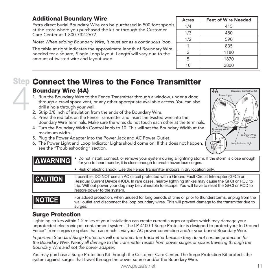 Step, Connect the wires to the fence transmitter, Additional boundary wire | Boundary wire (4a), Surge protection | Petsafe PIG00-10777 User Manual | Page 11 / 28
