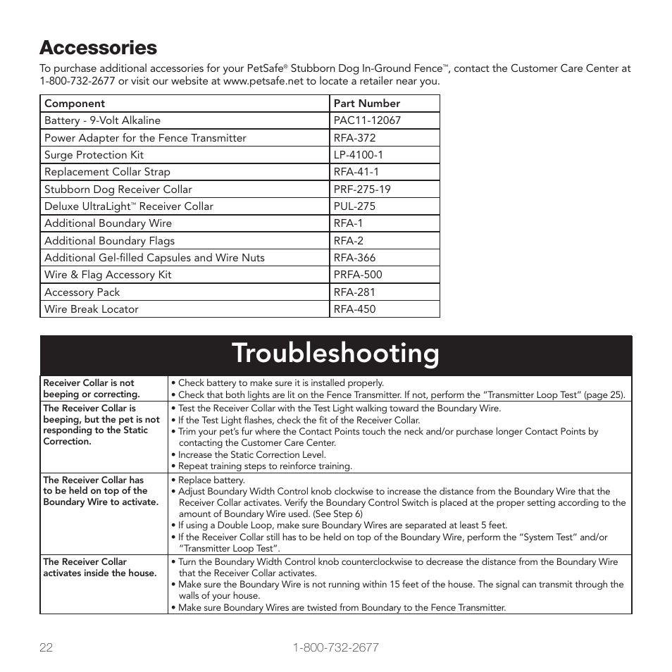 Troubleshooting, Accessories | Petsafe PIG00-10777 User Manual | Page 22 / 28