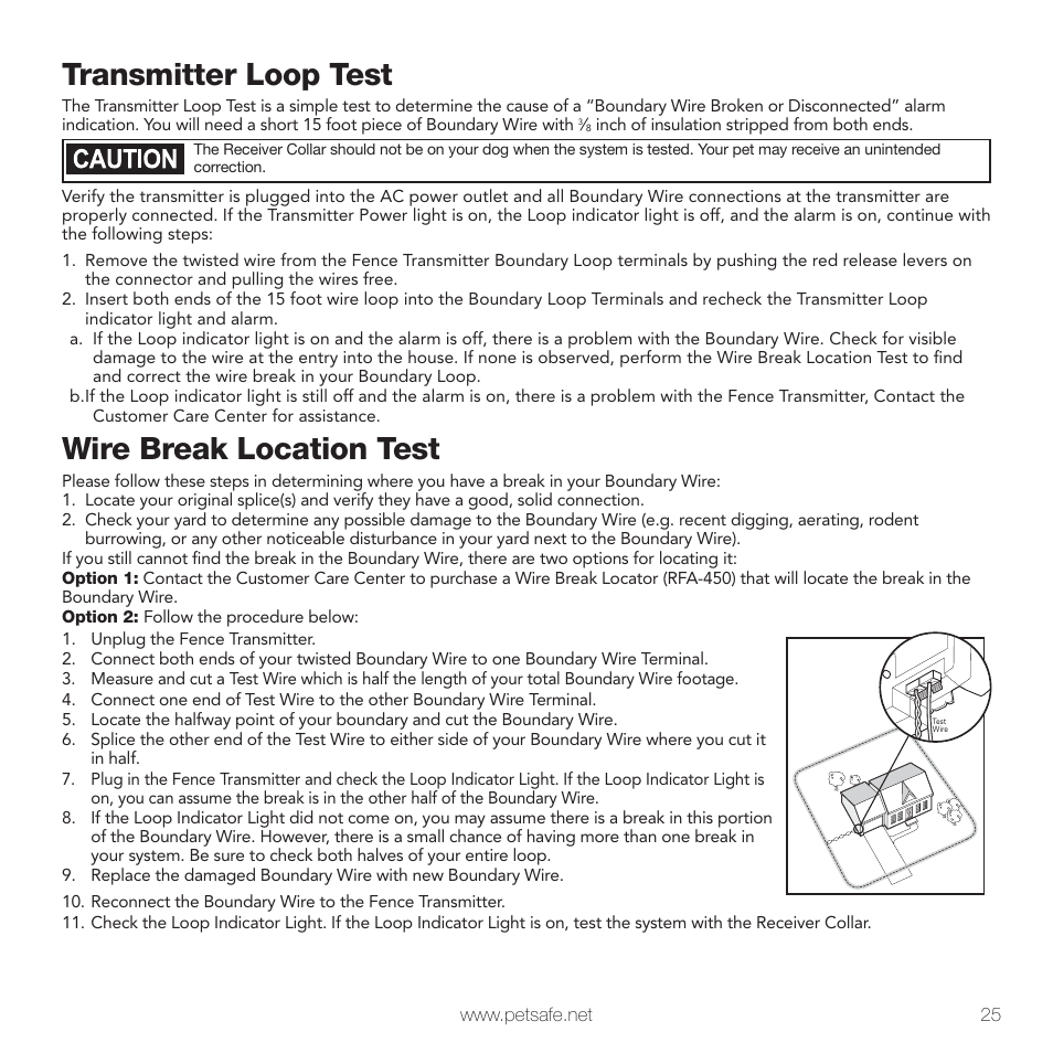 Transmitter loop test, Wire break location test | Petsafe PIG00-10777 User Manual | Page 25 / 28