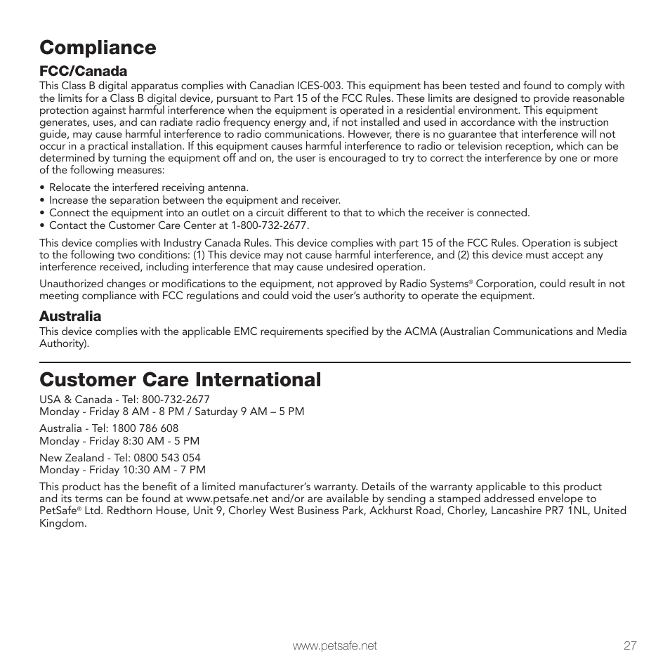 Compliance, Customer care international, Fcc/canada | Australia | Petsafe PIG00-10777 User Manual | Page 27 / 28