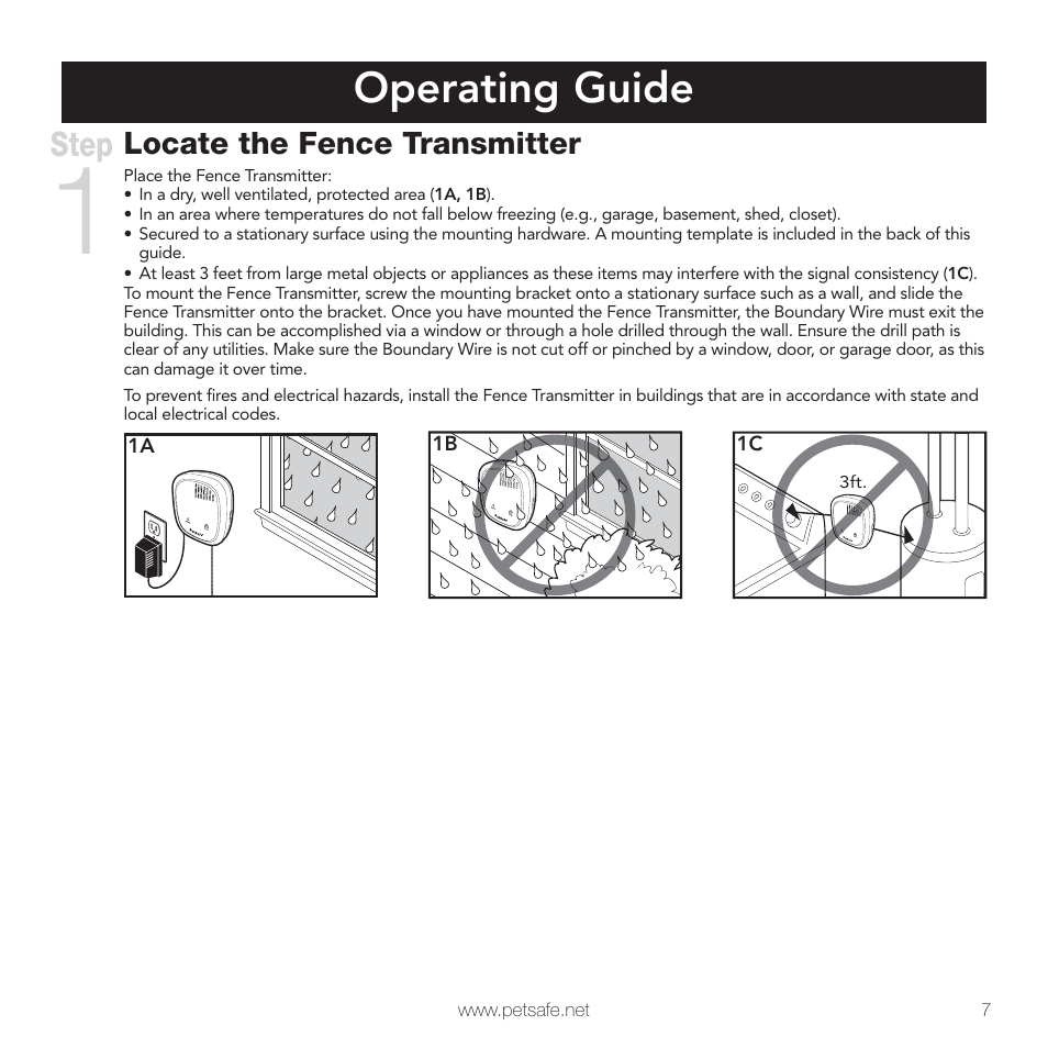 Operating guide, Step, Locate the fence transmitter | Petsafe PIG00-10777 User Manual | Page 7 / 28