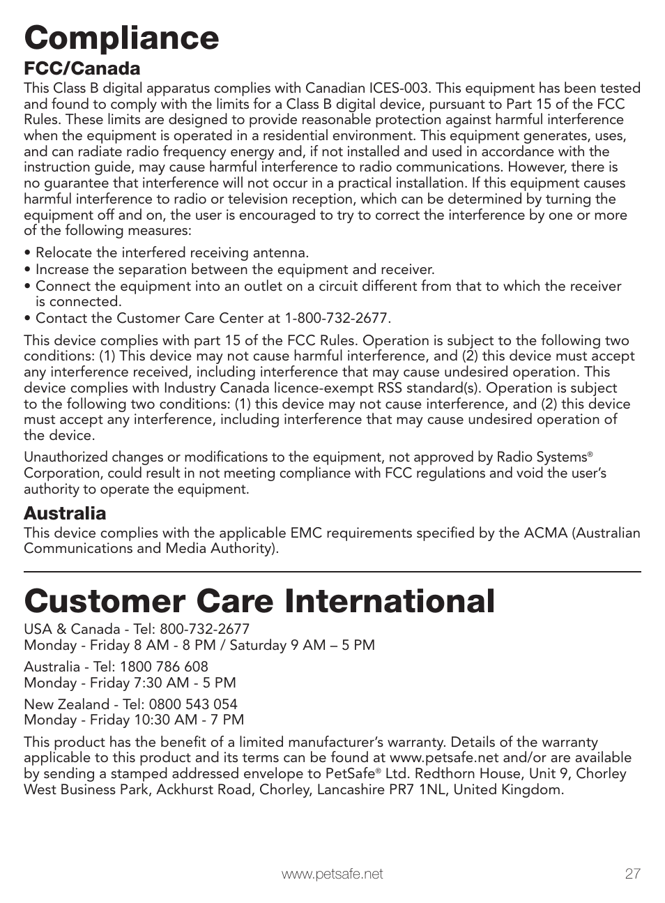 Compliance, Customer care international, Fcc/canada | Australia | Petsafe Stay+Play Wireless Fence PIF00-12917 User Manual | Page 27 / 28