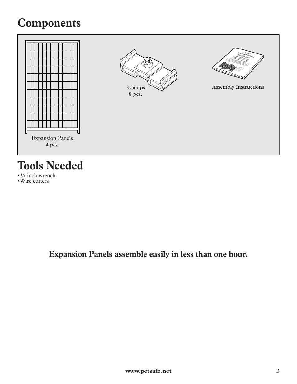 Components, Tools needed, Inch wrench • wire cutters | Petsafe Cottageview Dog Kennel User Manual | Page 3 / 16