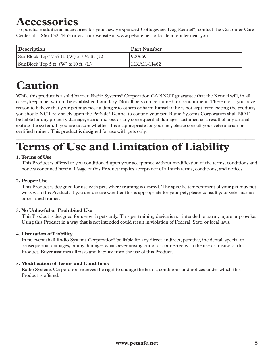 Accessories, Caution, Terms of use and limitation of liability | Petsafe Cottageview Dog Kennel User Manual | Page 5 / 16