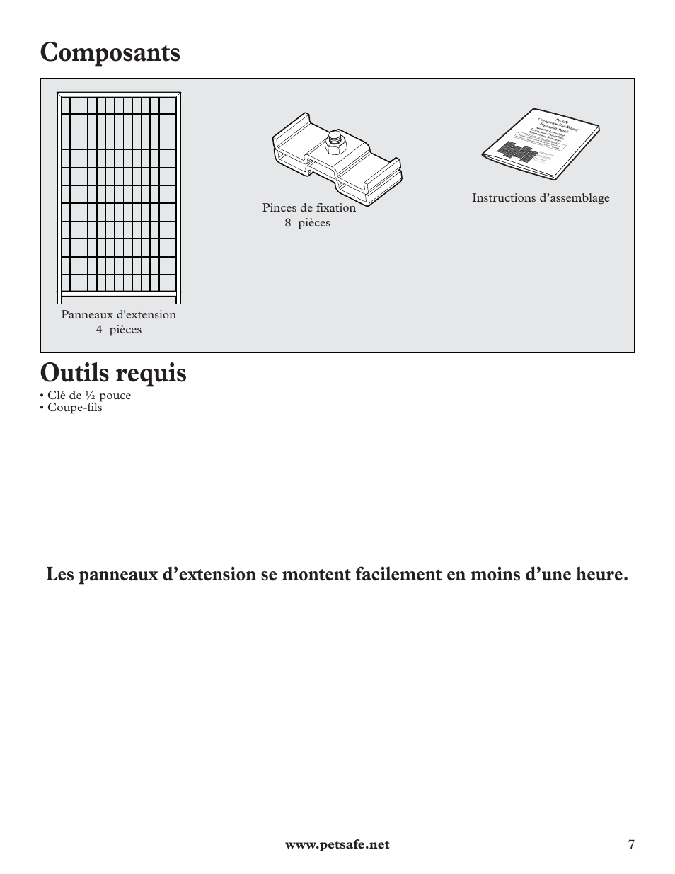 Composants, Outils requis, Clé de ½ pouce • coupe-fi ls | Petsafe Cottageview Dog Kennel User Manual | Page 7 / 16