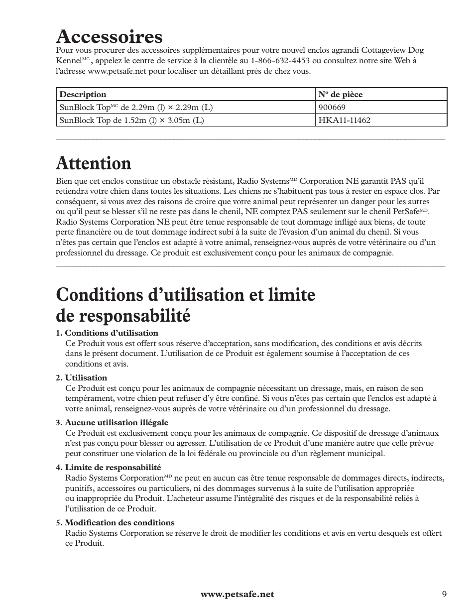 Accessoires, Attention | Petsafe Cottageview Dog Kennel User Manual | Page 9 / 16