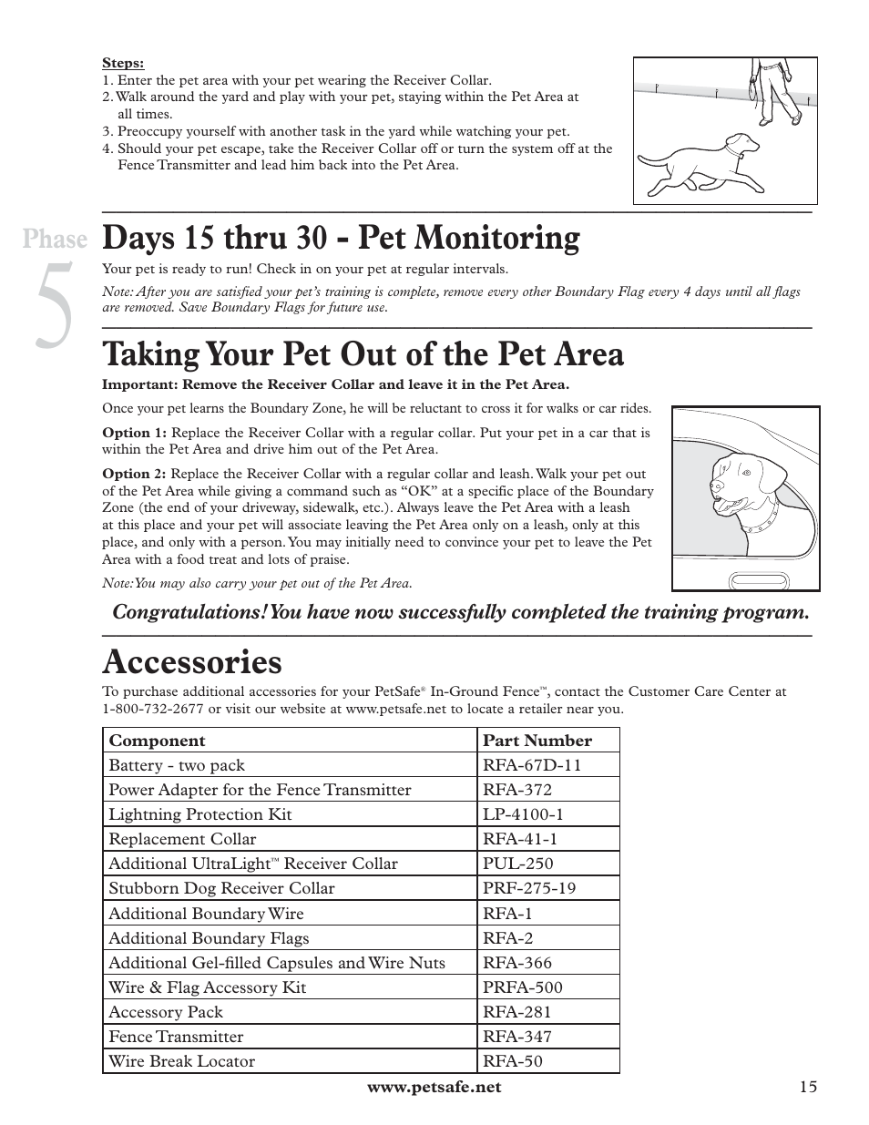 Days 15 thru 30 - pet monitoring, Taking your pet out of the pet area, Accessories | Phase | Petsafe IN-GROUND FENCE RFA-67 User Manual | Page 15 / 20