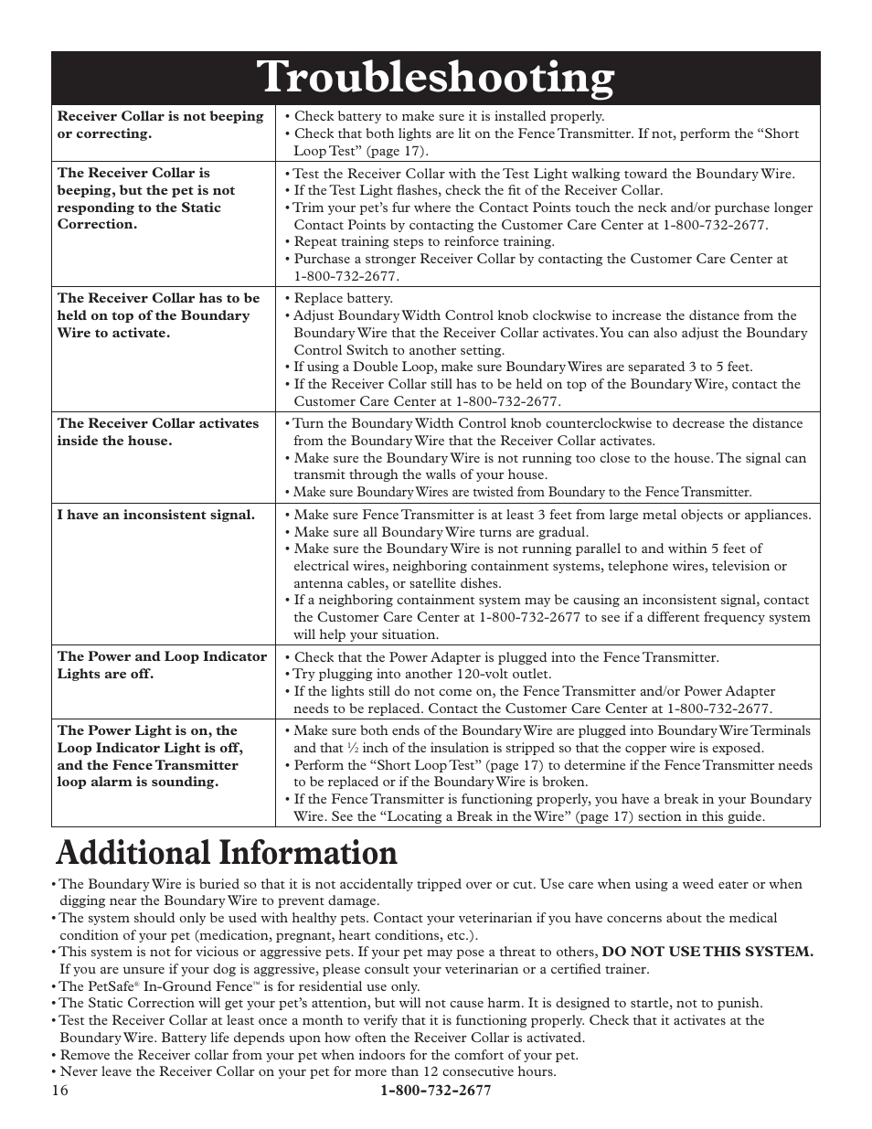 Troubleshooting, Additional information | Petsafe IN-GROUND FENCE RFA-67 User Manual | Page 16 / 20