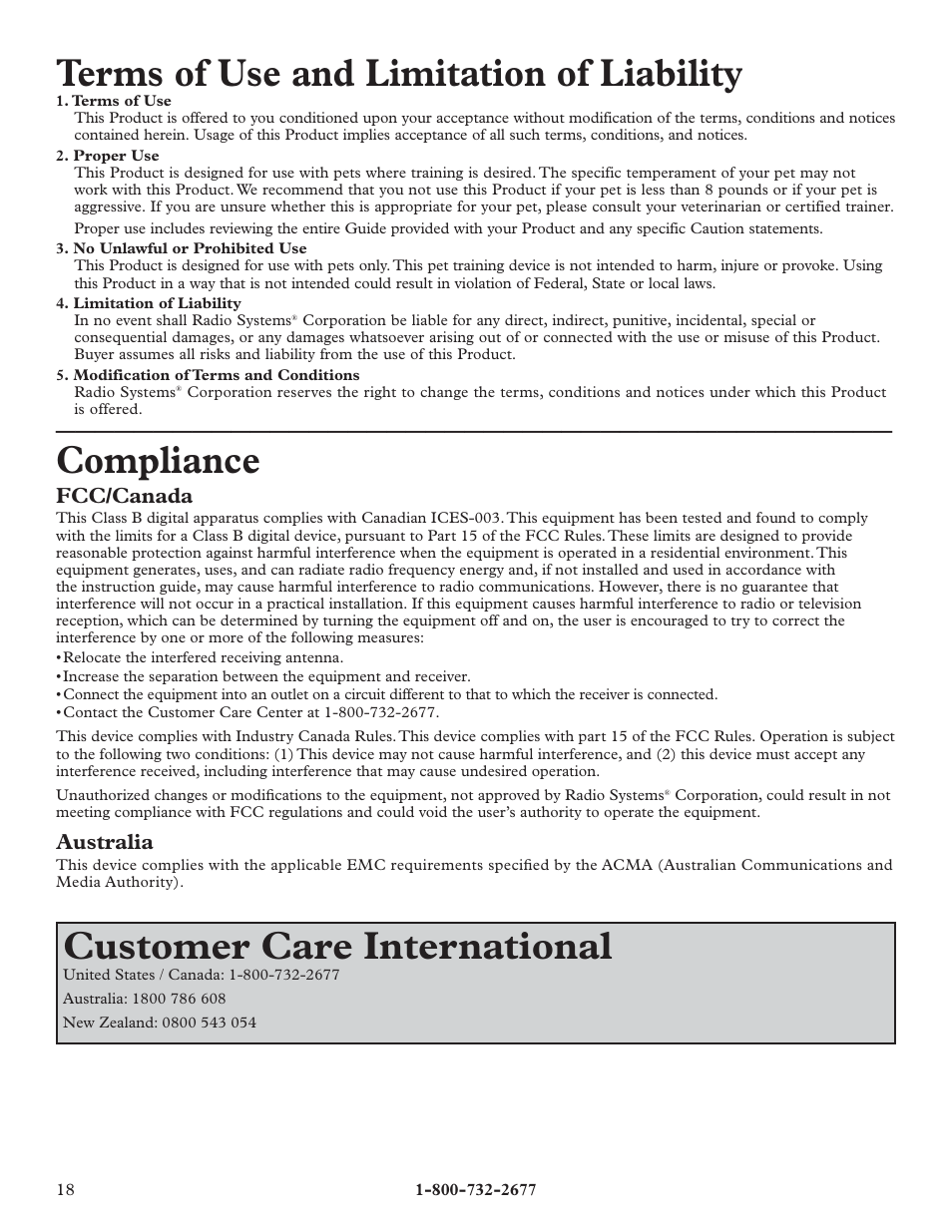 Terms of use and limitation of liability, Compliance, Customer care international | Fcc/canada, Australia | Petsafe IN-GROUND FENCE RFA-67 User Manual | Page 18 / 20