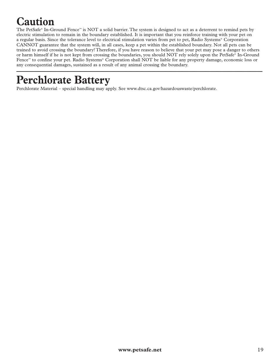 Caution, Perchlorate battery | Petsafe IN-GROUND FENCE RFA-67 User Manual | Page 19 / 20