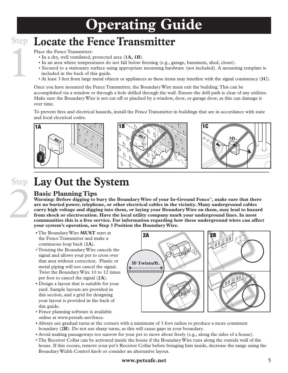 Operating guide, Locate the fence transmitter, Lay out the system | Step | Petsafe IN-GROUND FENCE RFA-67 User Manual | Page 5 / 20