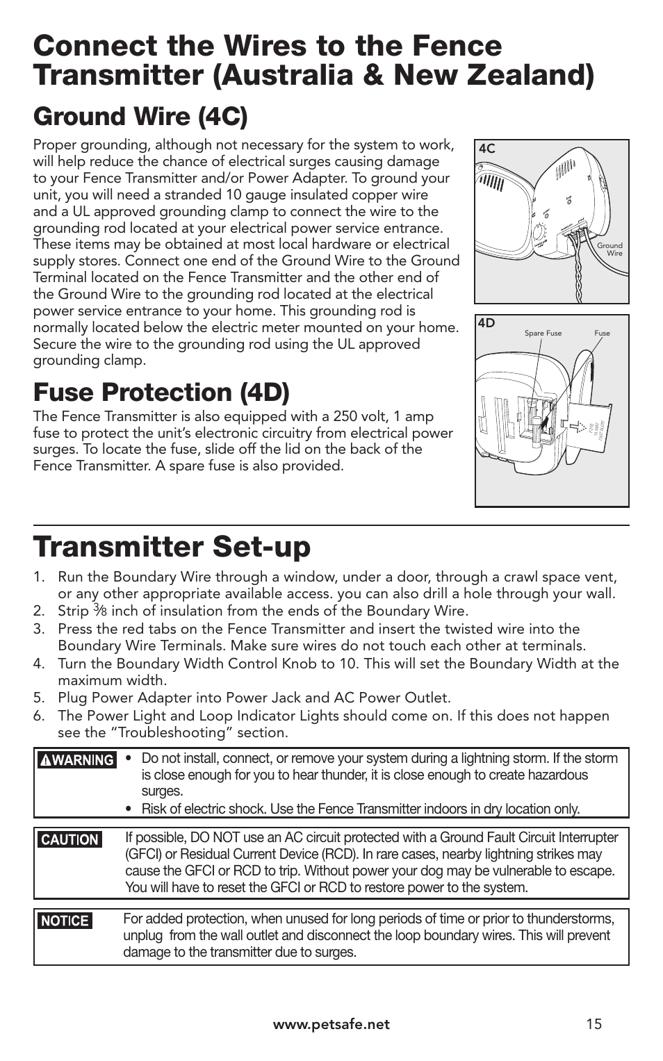 Transmitter set-up, Ground wire (4c), Fuse protection (4d) | Petsafe IN-GROUND FENCE PIG00-10773 User Manual | Page 15 / 36