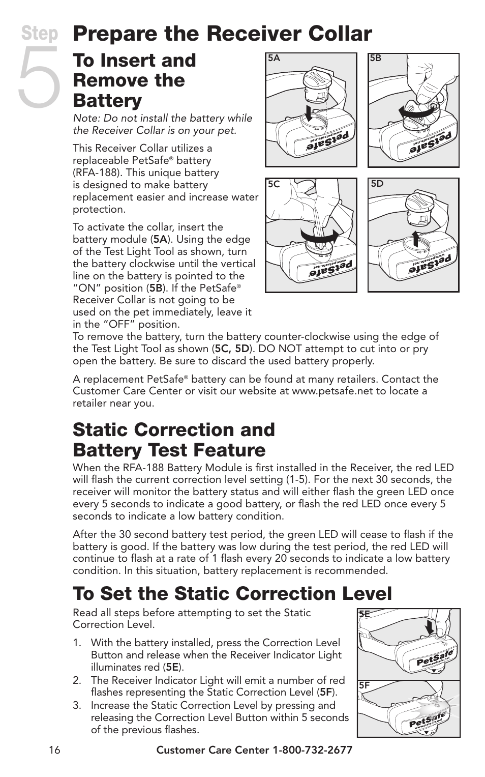 Prepare the receiver collar, Step, Static correction and battery test feature | Petsafe IN-GROUND FENCE PIG00-10773 User Manual | Page 16 / 36