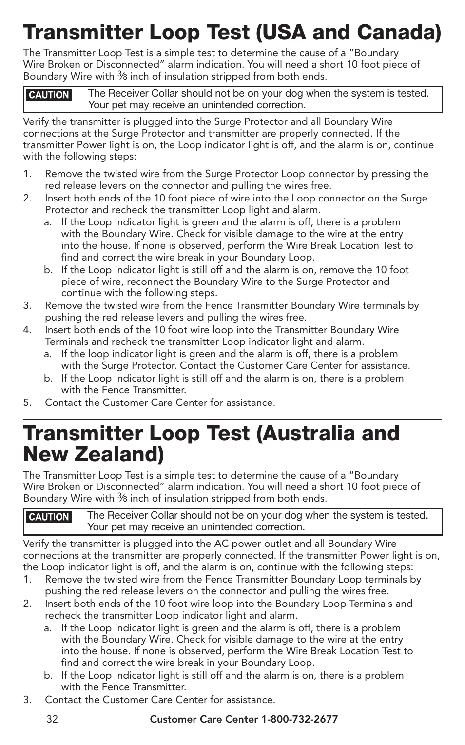 Transmitter loop test (usa and canada), Transmitter loop test (australia and new zealand) | Petsafe IN-GROUND FENCE PIG00-10773 User Manual | Page 32 / 36