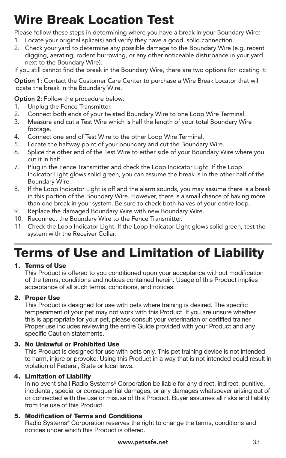 Wire break location test, Terms of use and limitation of liability | Petsafe IN-GROUND FENCE PIG00-10773 User Manual | Page 33 / 36