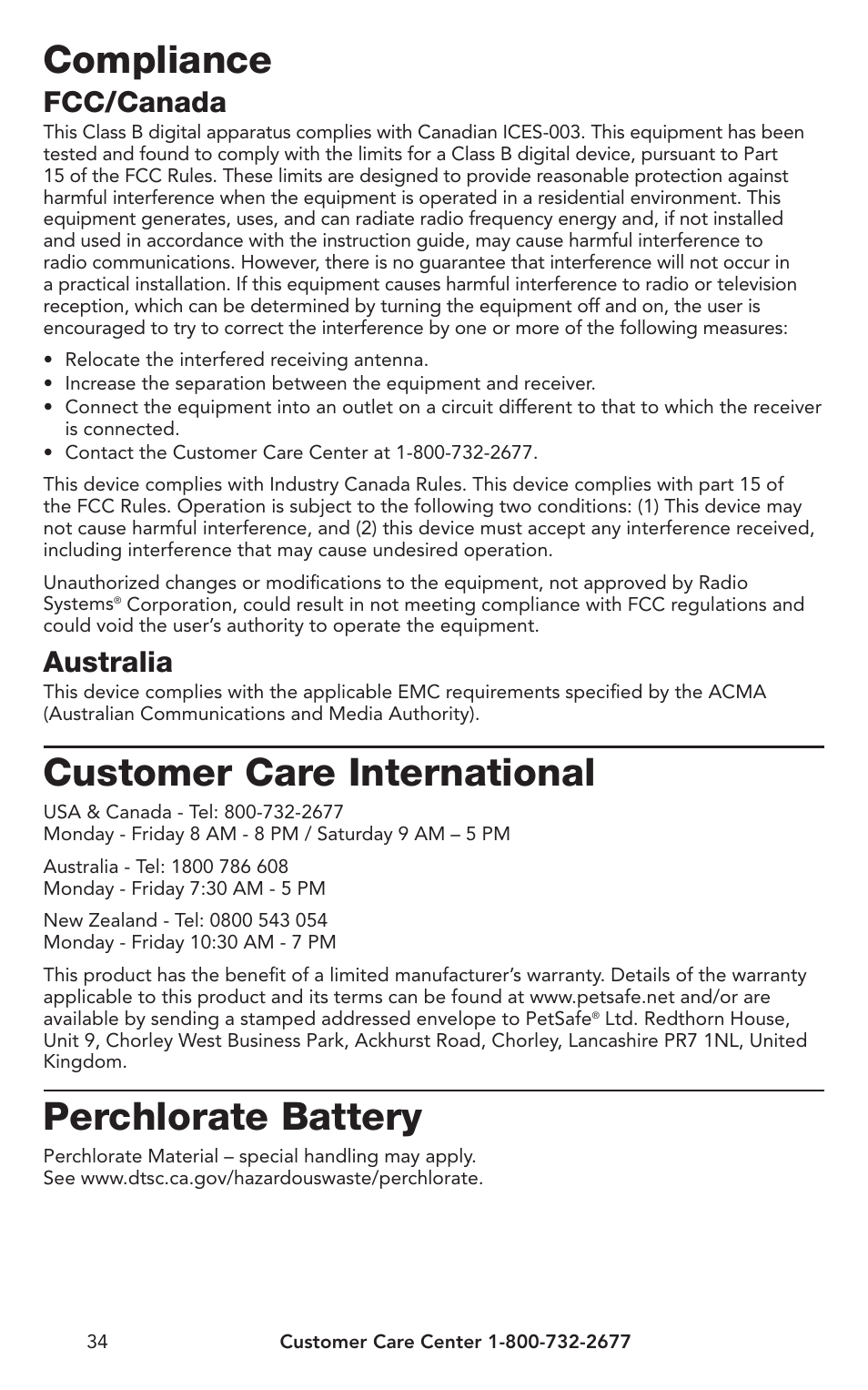 Compliance, Customer care international, Perchlorate battery | Fcc/canada, Australia | Petsafe IN-GROUND FENCE PIG00-10773 User Manual | Page 34 / 36