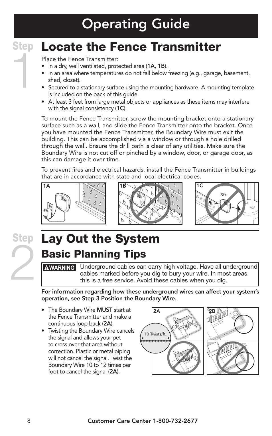 Operating guide, Locate the fence transmitter, Lay out the system | Step, Basic planning tips | Petsafe IN-GROUND FENCE PIG00-10773 User Manual | Page 8 / 36