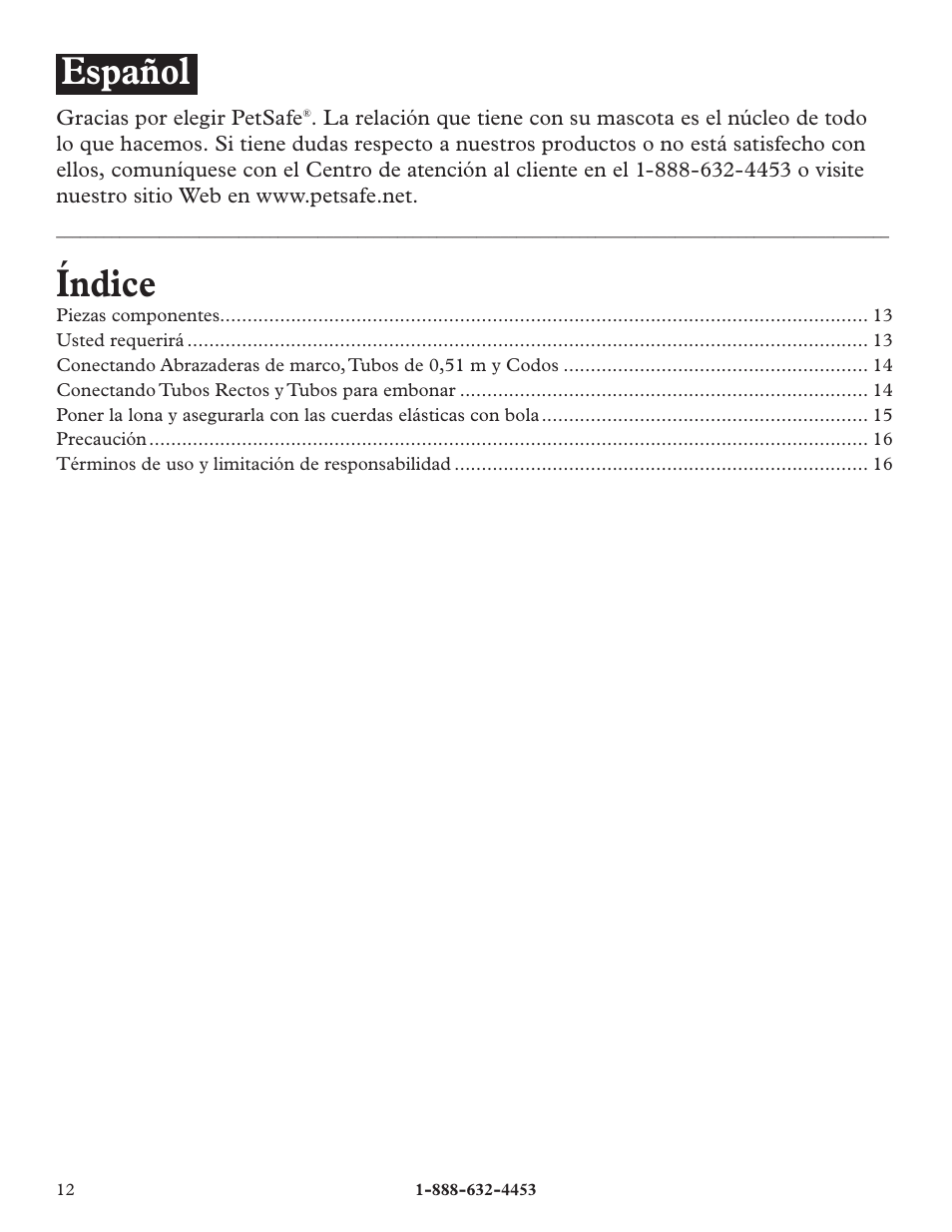 Índice, Español | Petsafe E-Z Roof User Manual | Page 12 / 16