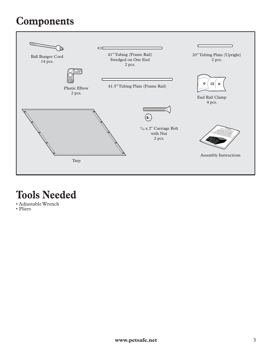Components, Tools needed, Adjustable wrench • pliers | Petsafe E-Z Roof User Manual | Page 3 / 16