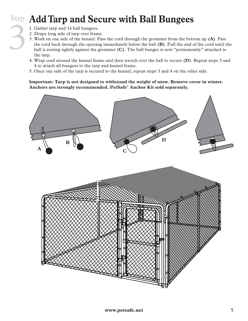 Add tarp and secure with ball bungees, Step | Petsafe E-Z Roof User Manual | Page 5 / 16