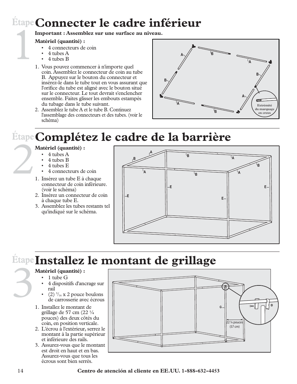 Connecter le cadre inférieur, Complétez le cadre de la barrière, Installez le montant de grillage | Étape | Petsafe HBK11-11926 User Manual | Page 14 / 28