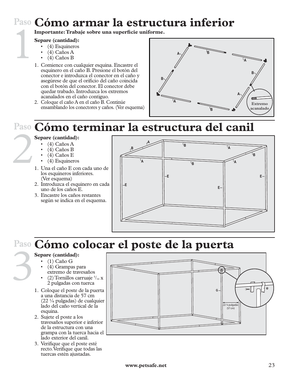 Cómo armar la estructura inferior, Cómo terminar la estructura del canil, Cómo colocar el poste de la puerta | Paso | Petsafe HBK11-11926 User Manual | Page 23 / 28